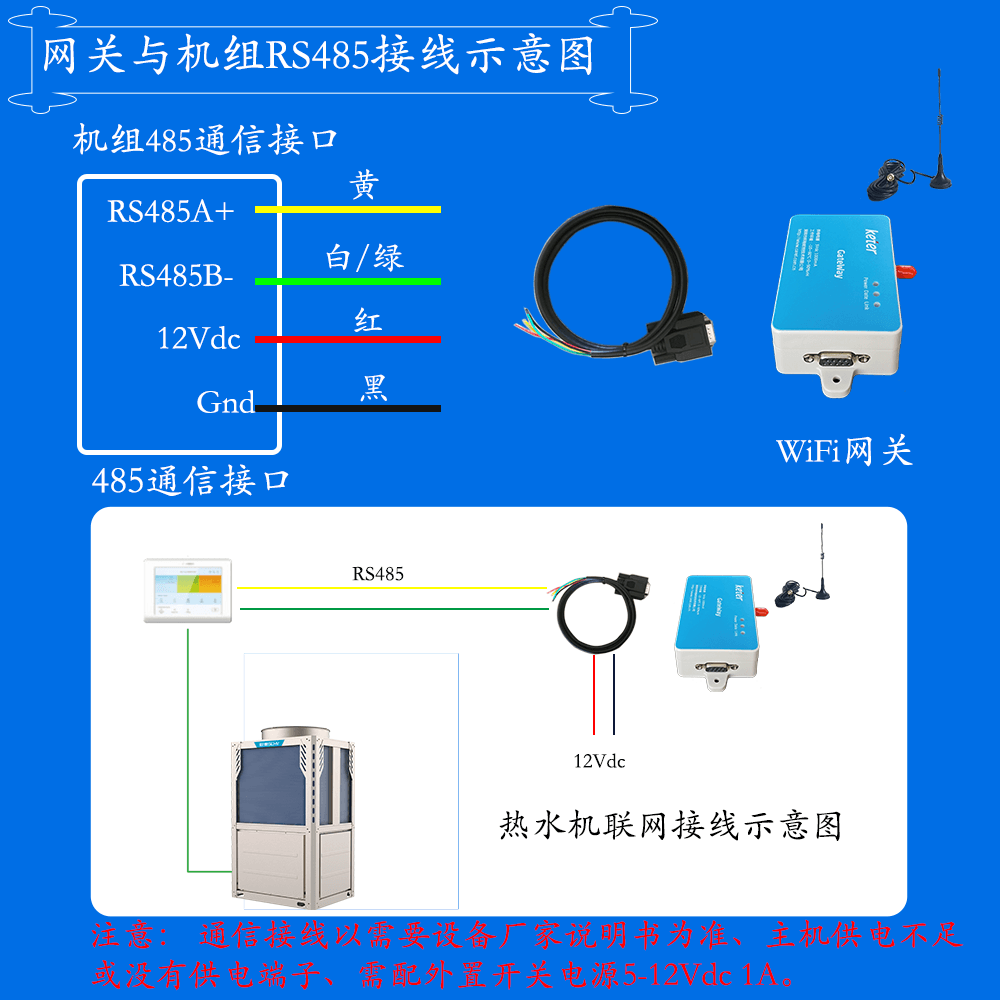 积微炽泉系列空气源热泵热水机网关安装与接线说明图