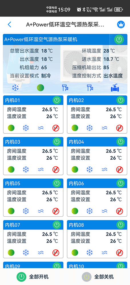 A+Power低环温空气源热泵采暖机-外机+内机手机远程控制App界面1