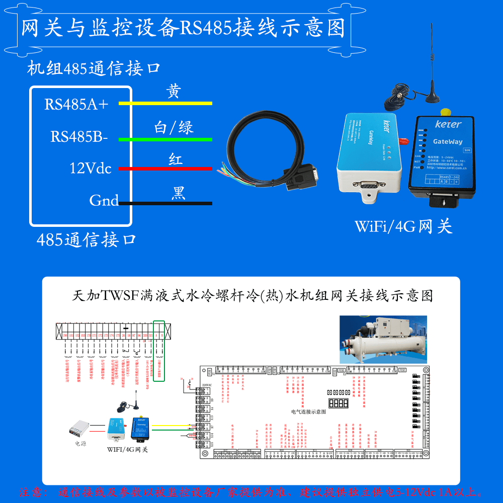 天加满液式水冷螺杆冷热水机组网关安装与接线说明图