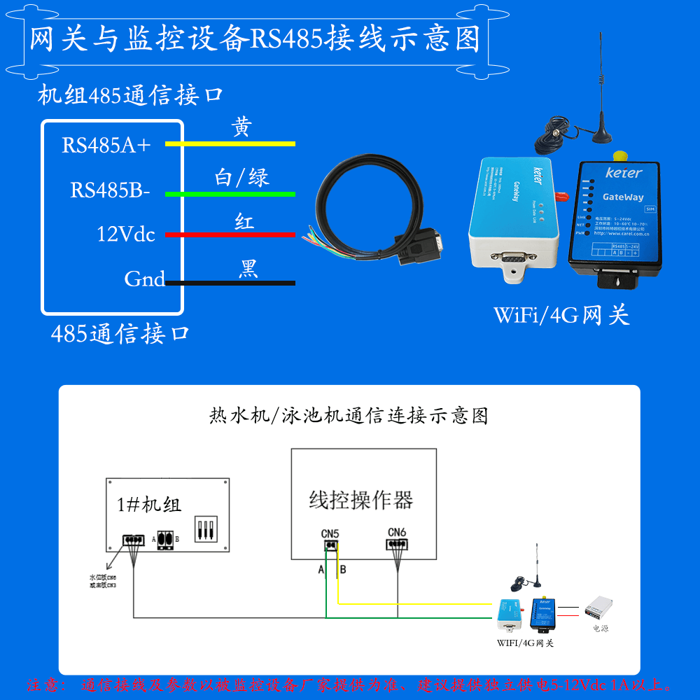 中科福德商用空气源热泵热水机网关安装与接线说明图